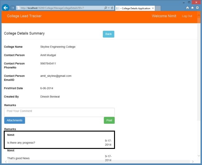 Comment in the Details Page